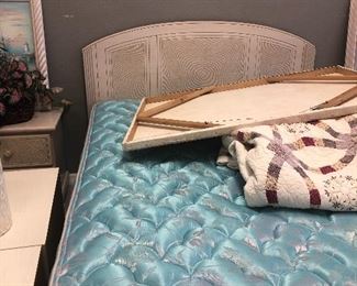 WHITEWASHED QUEEN BED, MATRESS & BOXSPRING , and two night stands