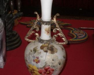 15" enameled satin glass vase with brass mounts