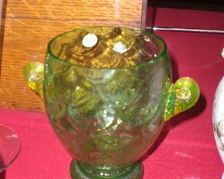 breen art glass vase with vaseline glass snail handles