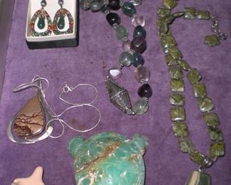 enameled gold vermille ear rings, jade turtle, semi precious stone necklaces, etc.