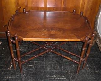 parquetry burl mahogany serving tray with spooled stand