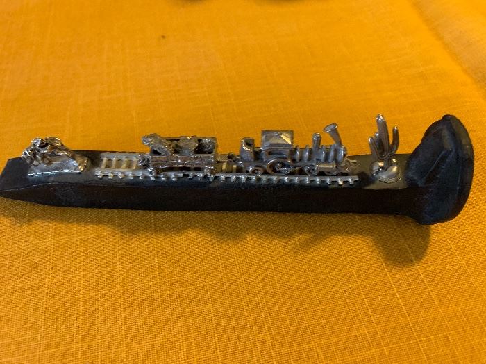 Awesome railroad spike with pewter train
