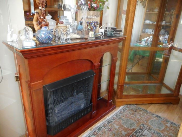 Cherry Wood Faux Fireplace, with Glass Side Shelves, Has Crackling Sound