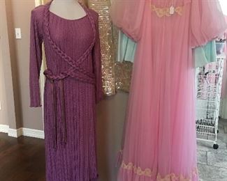 We have a Wonderful collection of ladies wear available for you at the sale. Beautiful clothing from the 70’s- 80’s -90’s & current fashions as well. Pretty purple form fitting dress, pink chiffon gown & robe.