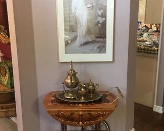 Tea cart- brass teapot - pretty , feminine lady print 