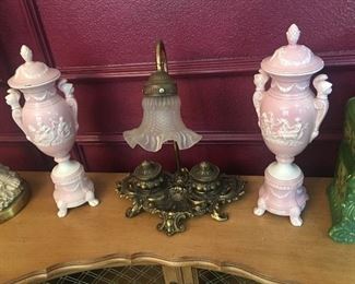 Brass desk lamp & pink urns