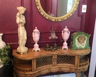 Very unique French style sofa table or accent table, pretty pink urns, Grecian lady statue, antique clock