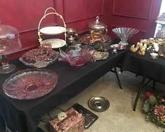 Pink serving pieces, cake plate, silverplate trays