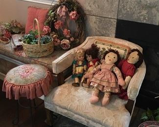 Vintage dolls, stool, planters