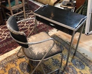 Great mid-century modern stainless steel chair & Art Deco one drawer table