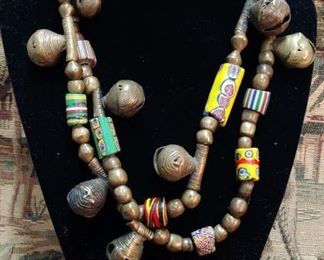 Antique Yoruba Brass Bell glass Czechoslovakian beads Nigeria Africa