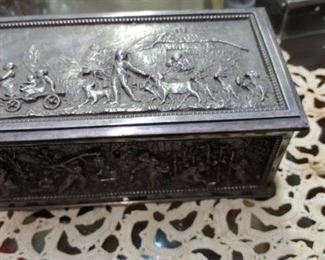 Early silver plate French casket box jewelry box and high relief very fine green velvet lining