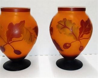 Pair of Stunning orange art glass vases with applied fall leaves & acorns in relief
