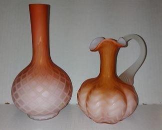 Thomas Webb peachblow Diamond quilted Satin cased glass vases. Polished pontil on the bottom of both pieces