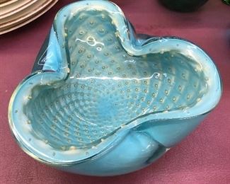 Murano Art Glass 6” Light Blue Bowl Gold Flecks Barbini Bullicante Bubbles