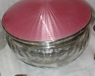 Fantastic Crystal powder dish with pink enamel and sterling silver top by Arthur Zimmermann 1927