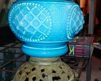 Cased glass Blue oil lamp that has been electrified