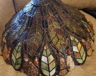 Fine Antique Stained Glass and Polished Stone Lamp Shade