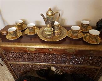 Beautiful Tea Set on Carved Thai Table With Brass Inlay
