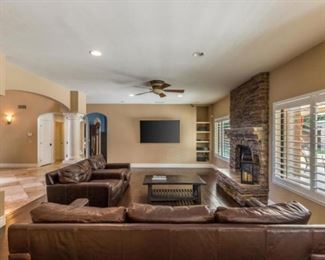 Living spaces 100% genuine leather sofa and two arm chairs, jaxon coffee table