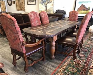 Old world church door dining room table 100% authentic Ladlows dining room chairs