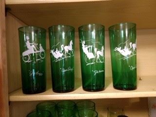 Anchor Hocking Forest Green Drinking Glasses Sleigh and Buggy 