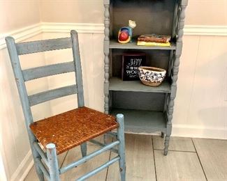 Primitive chair and antique shelf