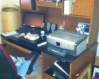 Computer desk, office chair, printer, computer screen