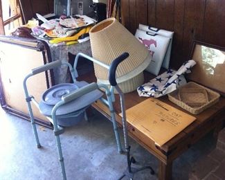 Tables, potty chair, walking cane
