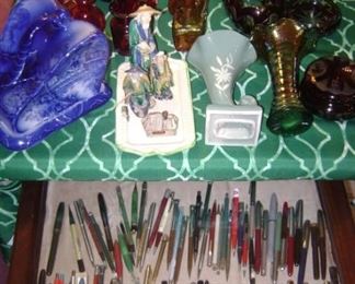 CHINA MUD PEOPLE--OLD FOUNTAIN PENS--CARNIVAL GLASS--CRACKLE GLASS AND RUBY GLASS