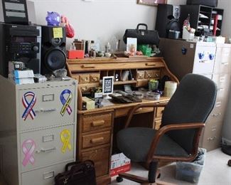 roll top desk, file cabinets