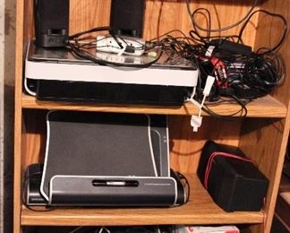tons of electronics, computer monitor displays, printers, speakers, turn tables and mroe