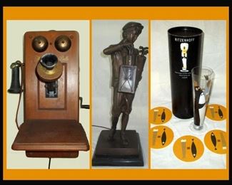 Old Phone, Tall Brass Golfer with Lantern and Mid Century Penguin Glass, Container and Coasters 