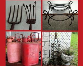 Old Yard Tools, Wrought Iron Bench, Cool Metal Containers and Yard Items 