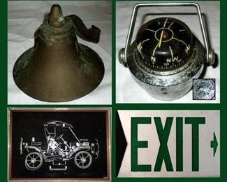 Old Brass Bell, Aqua Meter Compass Roseland USA, Mixed Media Art and Metal Exit Sign 