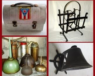 Vintage Metal Lunch Box, Cast Iron Magazine Rack, Sm Collection of Oil Cans and Cast Iron Bell