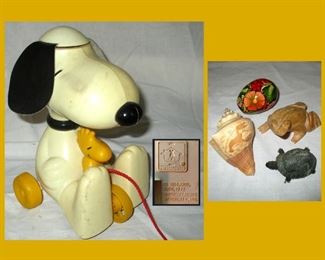 Vintage Snoopy Pull Toy in Working Condition and Small Carved Wooden Frog, Painted Egg, Carved Shell with Lobster 