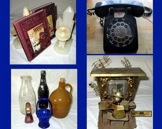 Small Old Children's Books, Onyx Bookends, Old Telephone, Old Bottles and Copper Music Box 