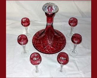 Fabulous Cranberry Cut to Clear Cordials and Decanter 