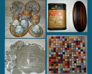 Vintage Japanese Luster Ware Tea Set, Vintage Instant Postum Can, Vintage Brush, Aluminum Tray and Coaster Set and MCM Tile Trivet 