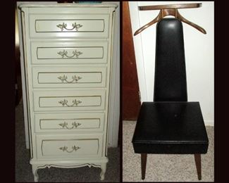 Vintage Lingerie Chest, Has 2 Matching Dressers,  Matching Chest of Drawers, Nightstand and Mirror, and Mid Century Modern Valet 
