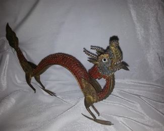 Antique Asian Handmade Dragon. Brass, Coral, Turquoise, etc.