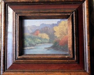 Vintage miniature landscape, oil on board, signed F. S. MILLER.