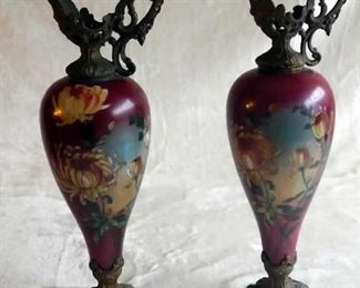 Pair of tall beautifully hand painted antique ewers