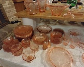 Lots of pink depression glass in various patterns!