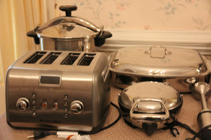 KitchenAid toaster, All-Clad waffle iron, electric skillet, pressure cooker