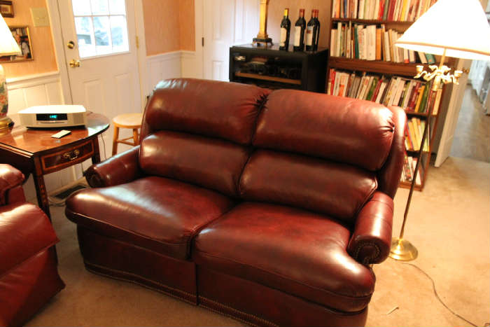 Fine hand made Hancock and Moore leather sofa with nailhead trim.