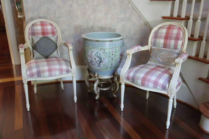 Fine chairs in foyer, covered in beautiful French silk.  Contemporary Chinese fishbowl purchased in 1987 in Hong Kong.
