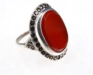 Sterling Silver, Carnelian, & Marcasite Ring, Size 4