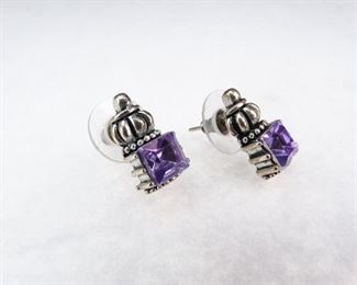 SilverColored Post Earrings with Synthetic Amethyst Stone
